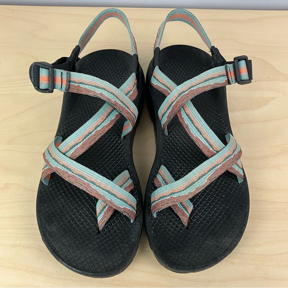 Chaco Women's Strappy Sandals in Black with Teal and Coral Straps - Picture 4 of 11